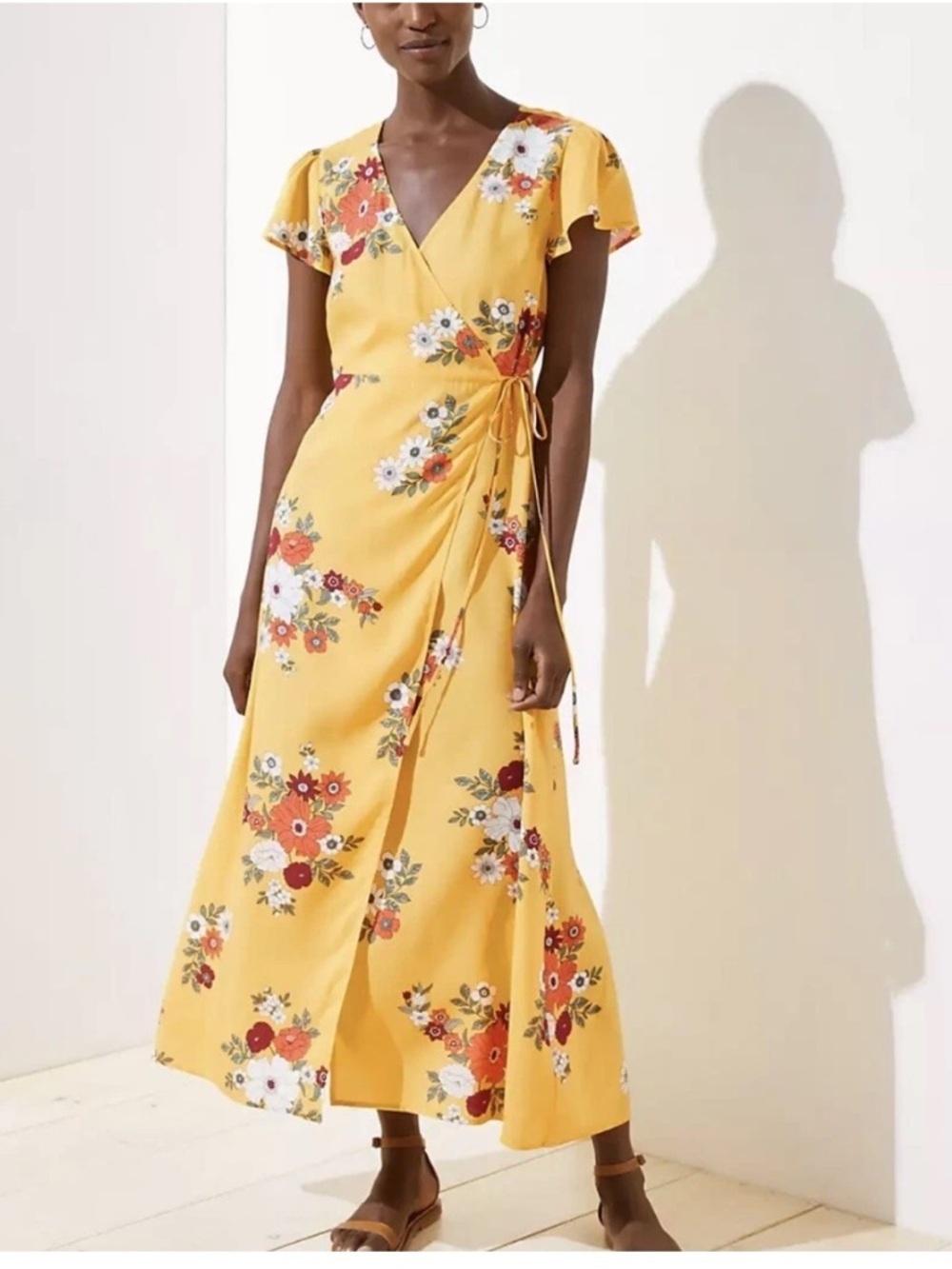 LOFT Beach Womens Yellow Floral Maxi Wrap Dress Flutter Sleeve Sz  M Cottagecore